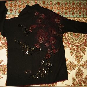 Chico's Black Sweater with Burgundy Floral & Sequin Accents